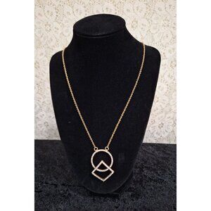 EUC J. Crew Gold Tone Pave' Crystal Circle & Square Pendant Necklace-Excellent C